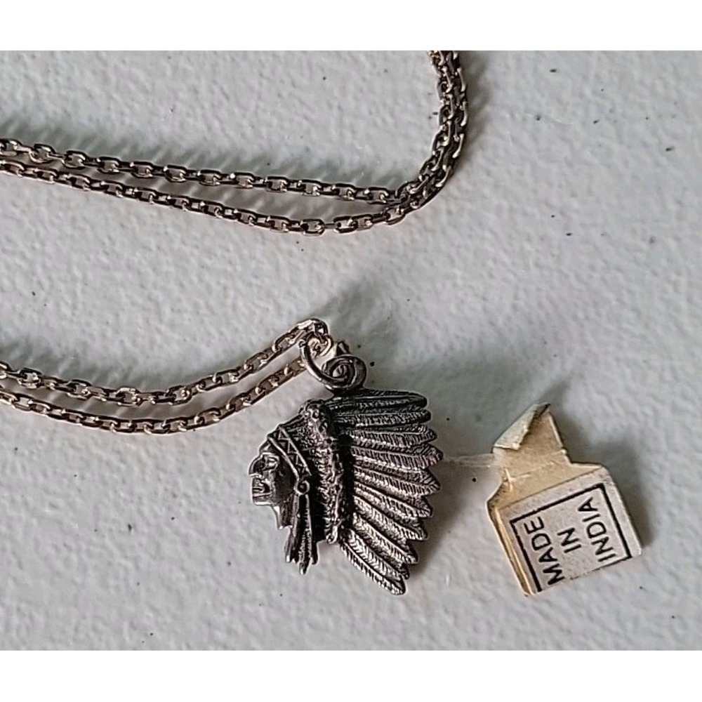 Sterling Silver 925 Dainty Indian Chief Pendant Necklace 17"‎ Native American